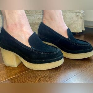 Marc Fisher Black Suede Platform Loafers with Crepe Sole